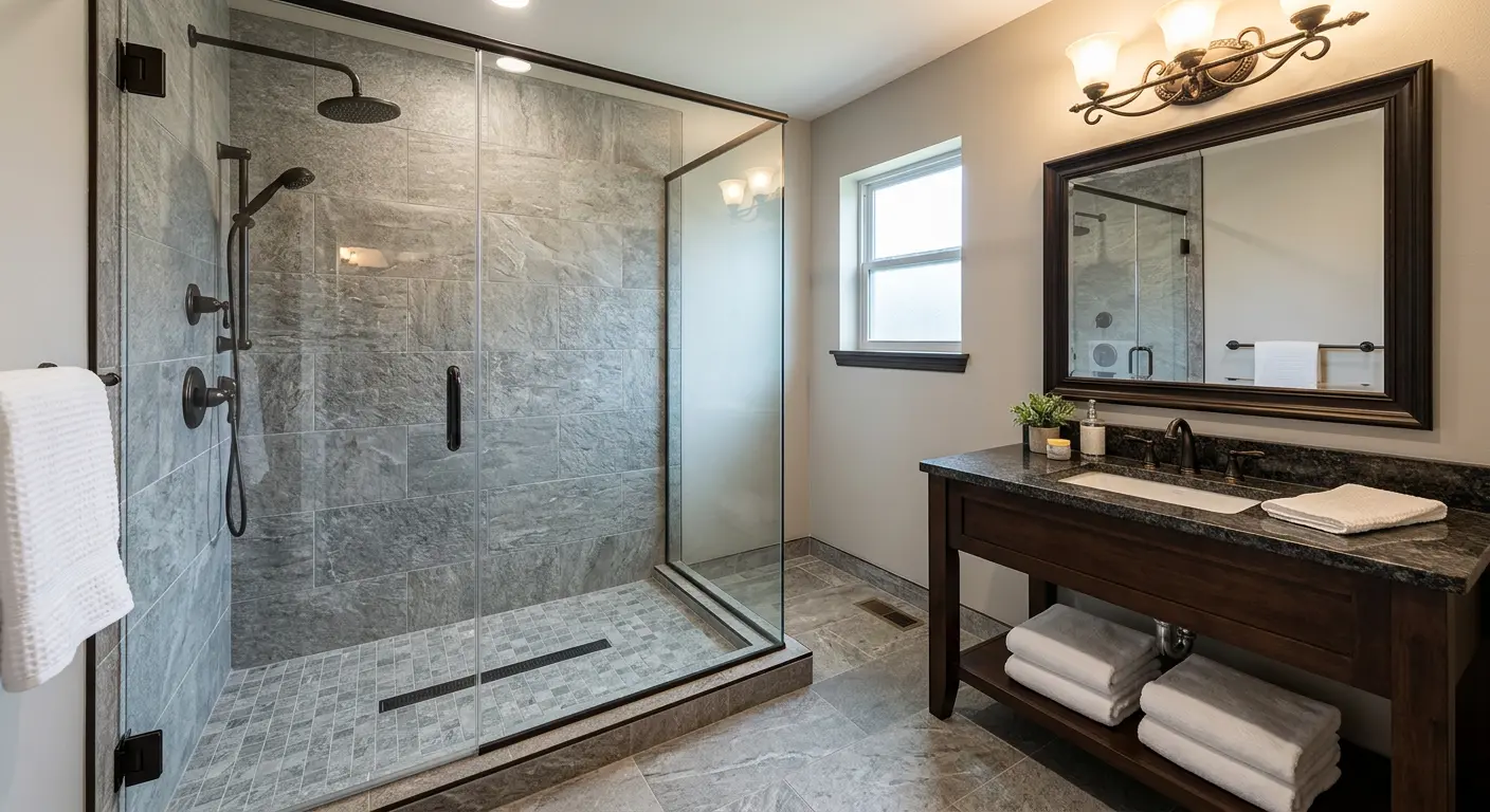 Walk-in shower project - stone tile with granite vanity