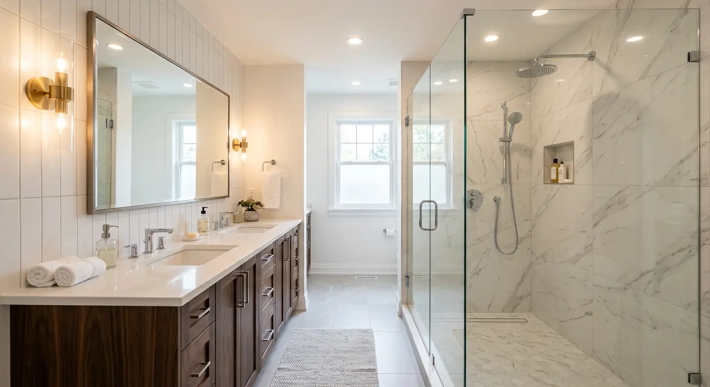 Walk-in shower project - elegant double vanity bathroom