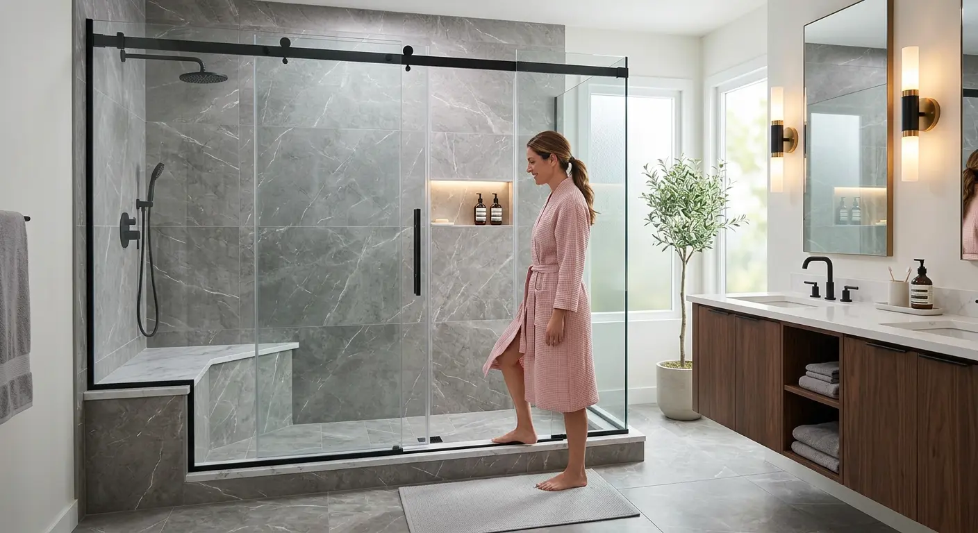 Walk-in shower project - marble tile with sliding door