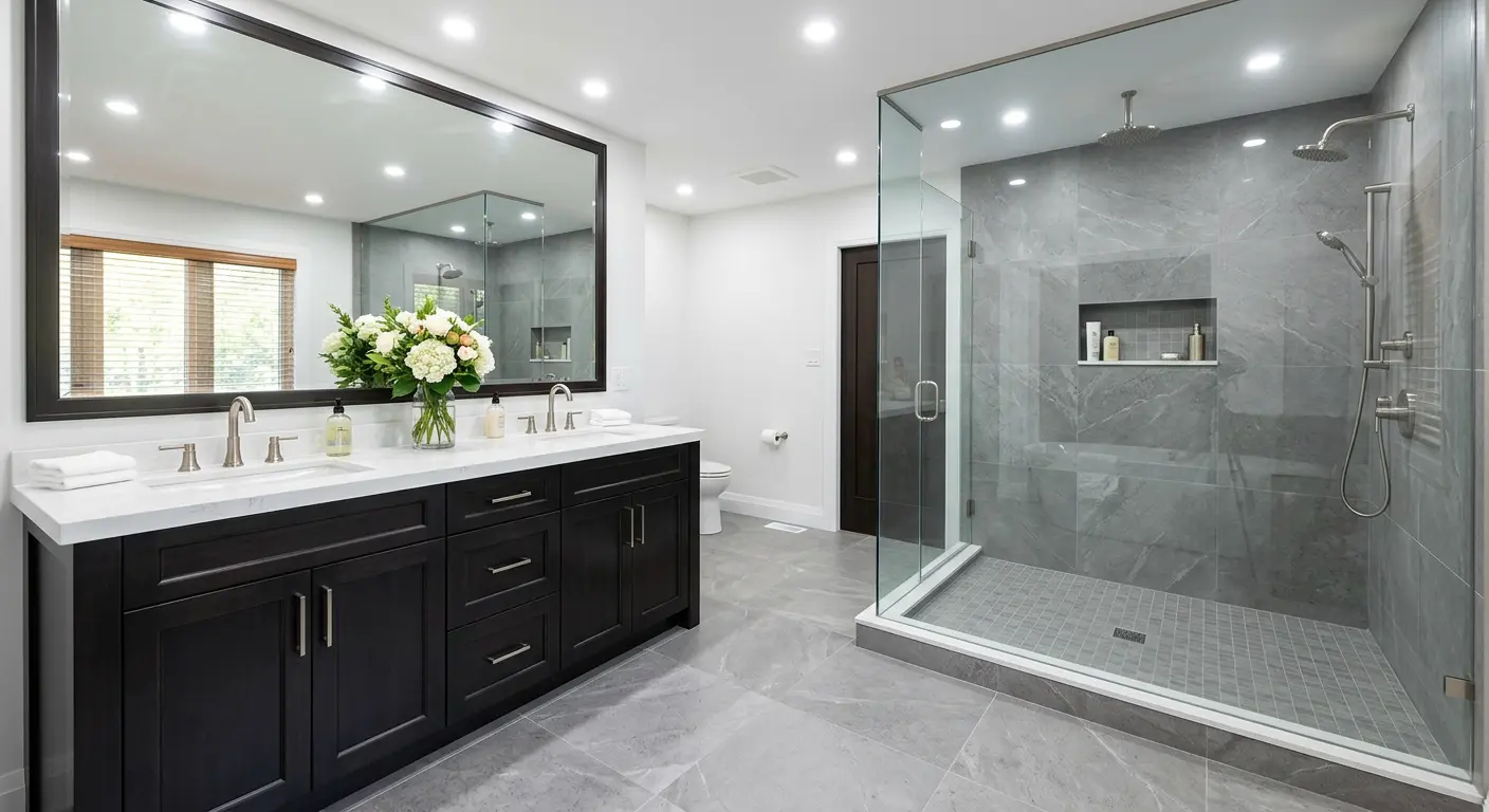 Walk-in shower project - luxury dark vanity